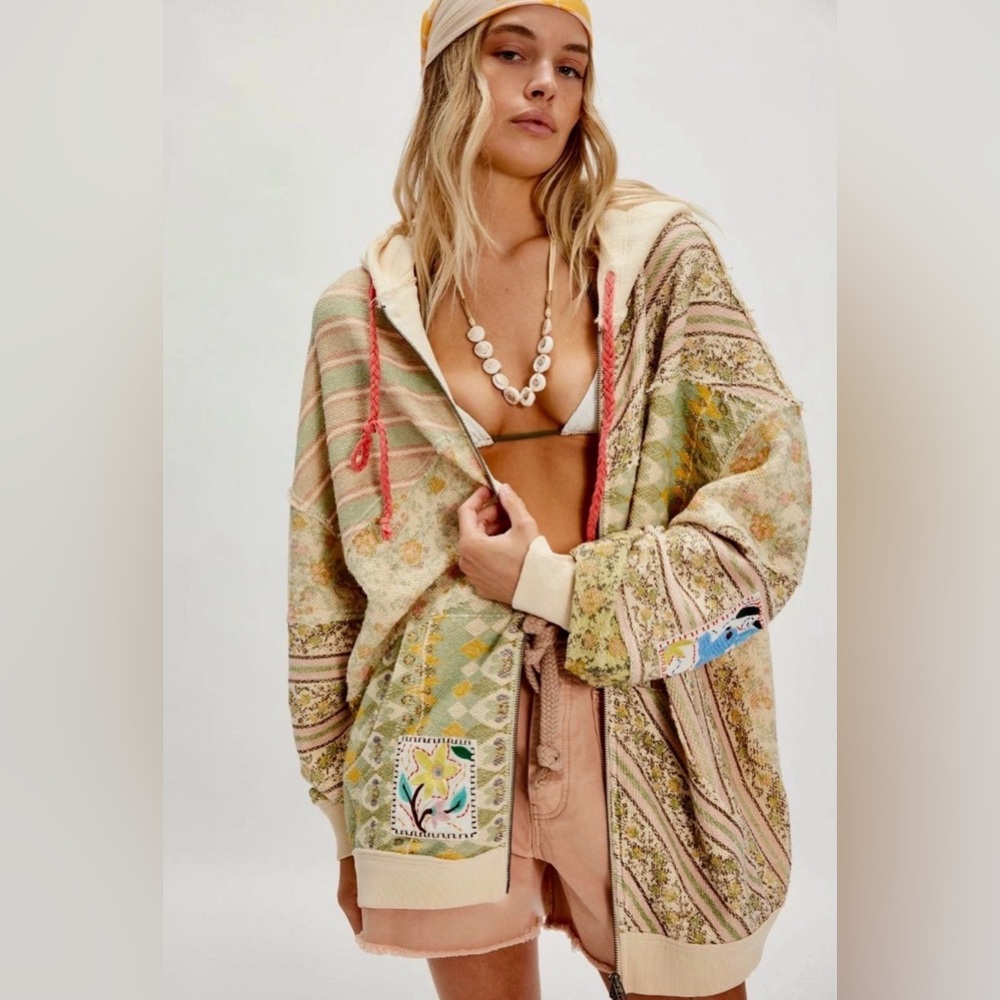 Free People Bali Avila Hoodie Full Zipper Sweatshirt Sweater Patched Ivory